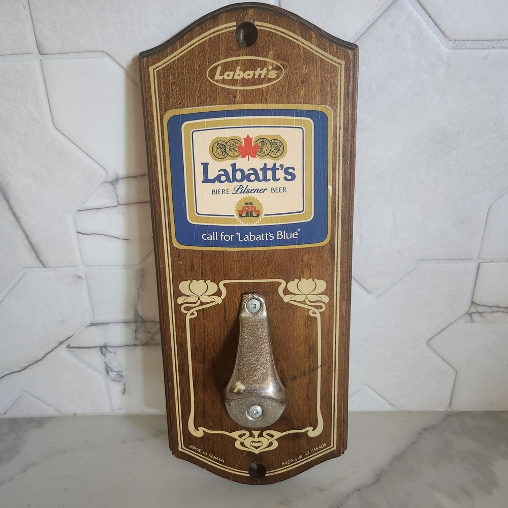 Vintage Labatt's Blue Beer Bottle Opener Wall Mount Wood Plaque Made in Canada